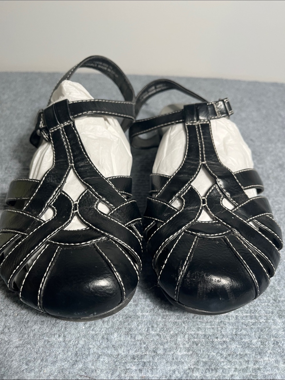 BareTraps Black Strappy Women's Sandals. Scuff mark to left toe box. Minimal.